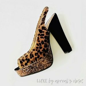 Faux Leopard Hair Glitter Platform Heel